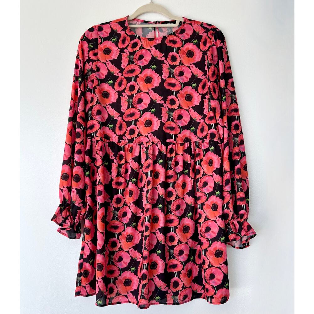 EUC Boohoo Hot Pink and Red Poppy Floral Long Sleeve Ruffle Cuff Dress Mini US 6 - Picture 14 of 16